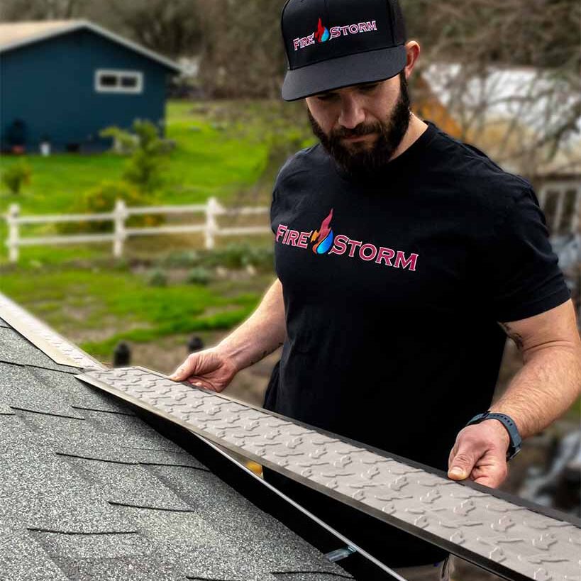 firestorm_gutter_guard_installation Installer holding a metal gutter guard along the edge of an asphalt shingle roof. 6