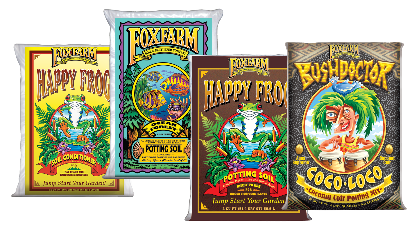 hero-products xFarm Ocean Forest, Happy Frog, and Bush Doctor soil and potting mix bags